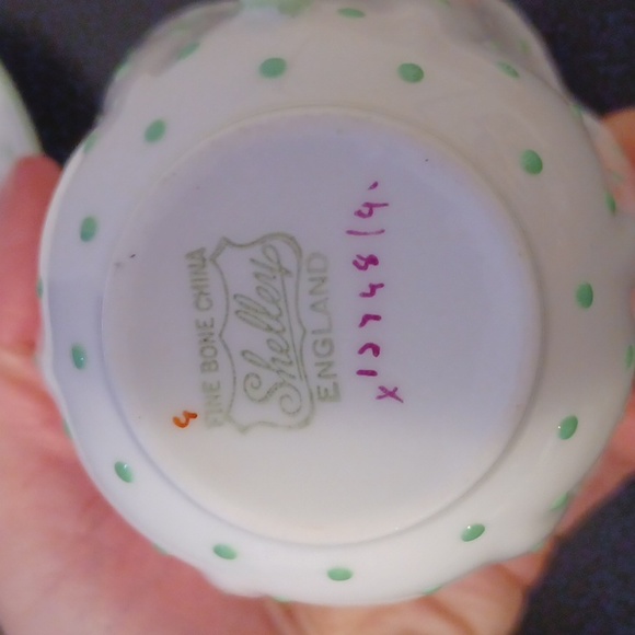 Shelley England Fine Bone China Cup and Saucer White w/ Green Polka Dots - Picture 2 of 4